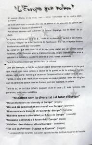 Detall del manifest del Dia d'Europa elaborat pels alumnes de l'escola Saavedra.